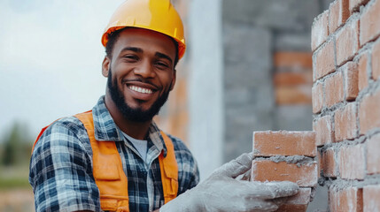 A male African American builder smiles confidently while laying bricks at a construction site. His bright yellow hard hat and safety vest stand out in the daylight, highlighting his craftsmanship