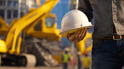 A construction worker holds a white hard hat, with heavy machinery and workers visible in the background, indicating an active construction site.