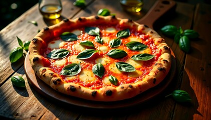 pizza on a wooden table