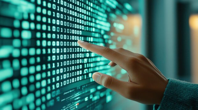 A hand interacts with a digital screen displaying binary code, symbolizing technology and data processing.