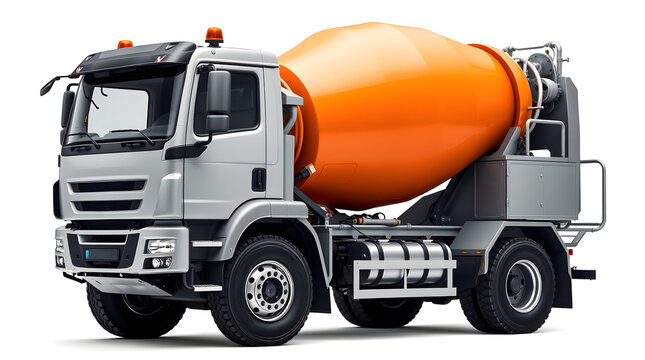 Modern cement mixer truck rotating drum on construction site delivering concrete