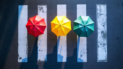 Pedestrian Crosswalk with Colorful Umbrellas Casting Shadows