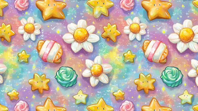 Bright and playful background of daisies and swirled candies.