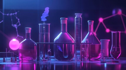 Lab glassware experiment, neon glow, molecular background, science research