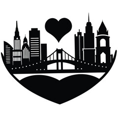 Obraz premium Black and White City Skyline Silhouette with Heart: Vector Illustration of Urban Landscape, Bridge, and Love for Graphic Design Projects