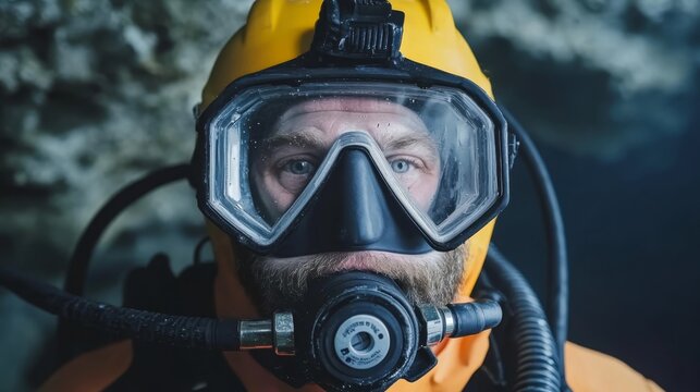 Diver explores underwater cave with specialized gear in dark aquatic environment
