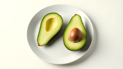 Avocado halves with pit with smooth green texture placed in a white clean plate. 