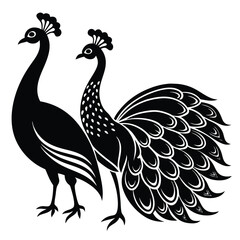 Fototapeta premium Black and White Peacock Illustration: Elegant Vector Graphic of Two Peacocks, Decorative Bird Art, Detailed Design for Prints & Crafts