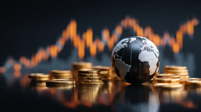 Global economy concept image:  Black globe with silver continents sits amidst stacks of gold coins against a blurred orange graph background, symbolizing international finance and investment