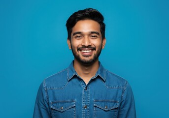 Obraz premium A young man smiles broadly wearing a denim shirt against a solid blue colored background portrait view