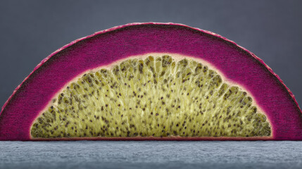 Obraz premium Contemporary artistic photo of a cross-section fruit, exterior skin in metallic magenta with gradient edges, interior speckled with black on creamy yellow