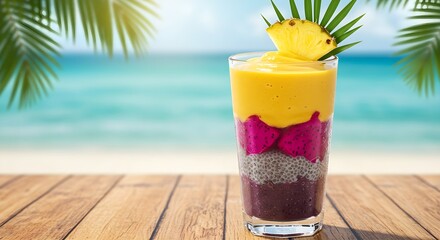 Obraz premium Tropical fruit smoothie layered with mango, dragon fruit, and chia seeds. Beach background.