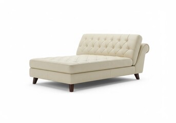 A cream colored chaise lounge with tufted back and dark wooden legs on a white background space 100chr