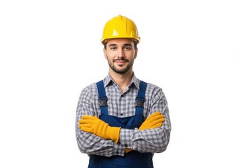 Portrait of a construction worker with yellow hard hat and gloves on isolated white background