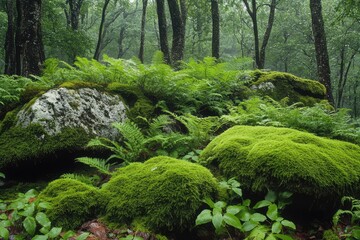 Obraz premium Mosscovered rocks peeking through a fern blanket