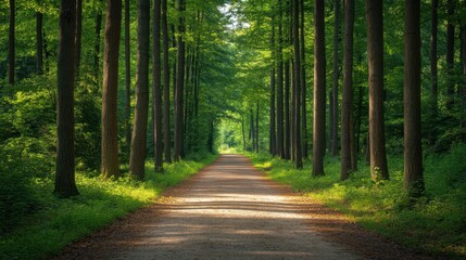 Fototapeta premium Forest pathway with tall green tree and dappled sunlight