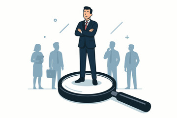 Confident Business Candidate Standing on Magnifying Glass with Professional Team in Background, Symbolizing Recruitment and Talent Selection Concept