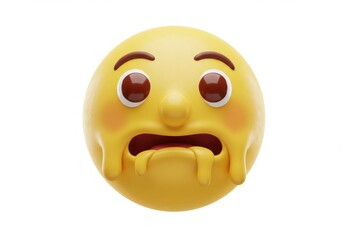 Fototapeta premium A yellow emoji with wide eyes and mouth open with yellow liquid dripping from its mouth on white background