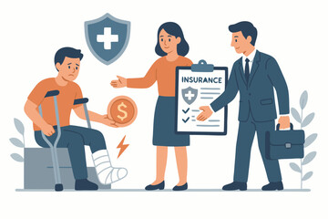Illustration of Workers' Compensation Insurance Process with Injured Employee, Financial Benefits, and Professional Assistance in Workplace Accident Recovery