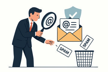 Businessman Analyzing Email Security to Detect Spam and Ensure Safe Communication with Shield Icon and Trash Bin Illustration