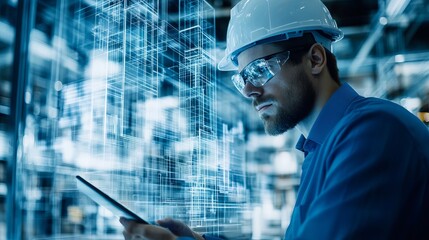 Architect reviewing digital blueprints on a tablet. Featuring modern planning and precision