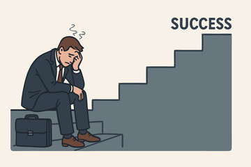 Stressed Businessman Sitting on Steps with Success Concept Illustration, Symbolizing Career Challenges, Failure, and Perseverance in Professional Growth