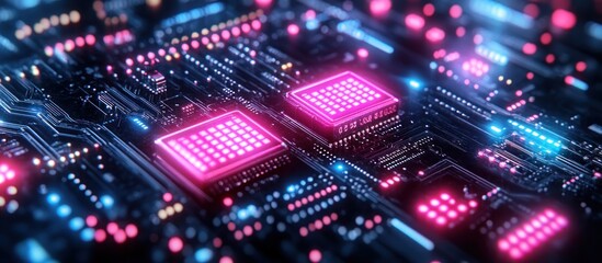Obraz premium Neon Glow: A Close-Up of Advanced Computer Chip Technology