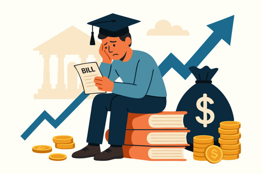Graduate Struggling with Student Debt, Financial Challenges in Higher Education, Rising Costs Depicted with Money Bag, Coins, Books, and Economic Growth Chart