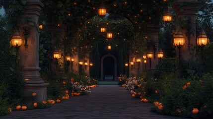 Enchanting autumn garden path, lanterns, pumpkins, nighttime, event backdrop