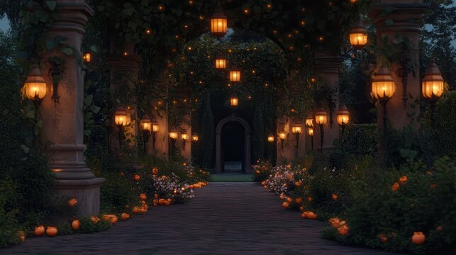 Enchanting autumn garden path, lanterns, pumpkins, nighttime, event backdrop