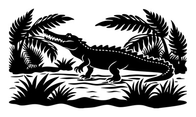 Download Silhouette Vector  Of A Crocodile, Estuary Illustration Svg File For Design.