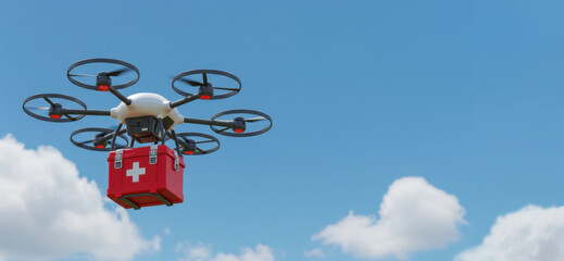 Drone delivering emergency first aid box or medical supplies. Future medicine technology. Innovative aerial transport for Advancing Logistics and Healthcare Delivery. World First Aid Day. Copy space.