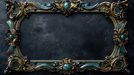 Ornate gold and teal picture frame with intricate carvings and embellishments.