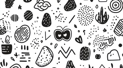 A whimsical black and white abstract pattern design.