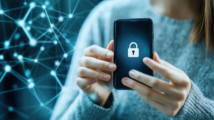 Woman holding phone, secure lock displayed, network background, online security