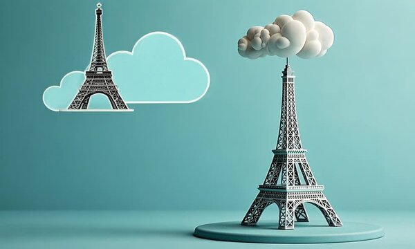 Miniature Eiffel Tower with cloud above, on mint green background.