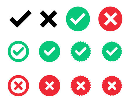 Check box tick mark icon set button correct right wrong buttons or yes or no checkmark red cross green tick vector illustration.