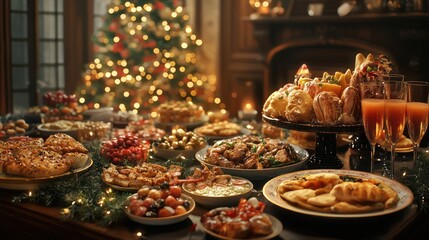 Naklejka premium Festive Christmas dinner table, opulent room, tree bokeh