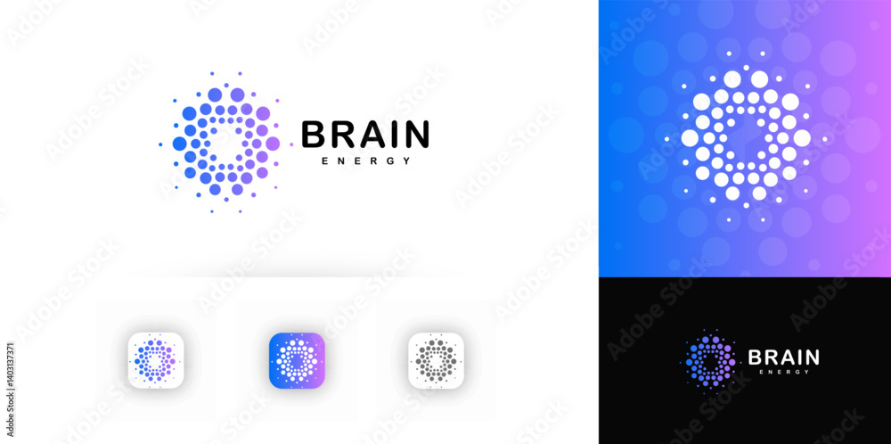 Poster dotted energy logo with abstract brain shape made of circular dots in blue gradient for technology, 