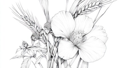 Fototapeta premium Monochrome poppy, wheat, wildflowers drawing; elegant, nature-inspired design for stationery