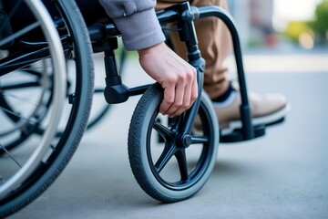 Obraz premium Close-up of hand adjusting modern wheelchair wheel, soft daylight, urban setting blurred