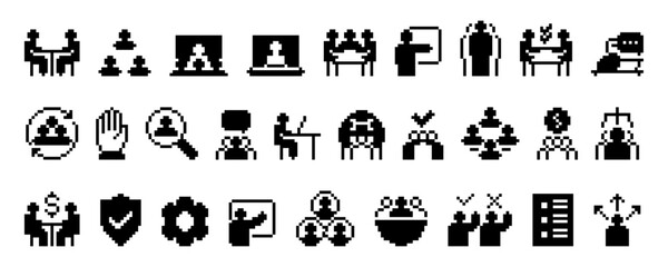 Set of pixel style. Business silhouette icons. including teamwork, communication, meeting, online conference, recruitment, leadership, negotiation, strategy, and management.