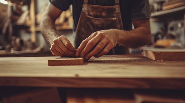 Carpenter assembling custom wooden furniture. Featuring craftsmanship and precision