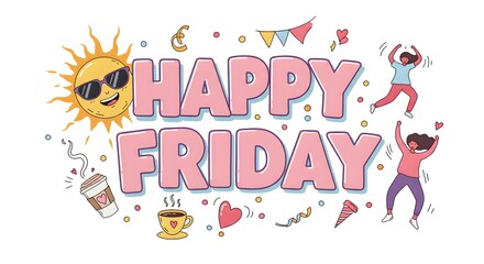 Cheerful illustration celebrating Friday with sun, coffee, and joyful people engaging in fun activities with colorful decorations Generative AI