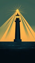 Coastal Lighthouse Vector Art: Beam of Light Illustration with Nautical Silhouette in Serene Night Sky