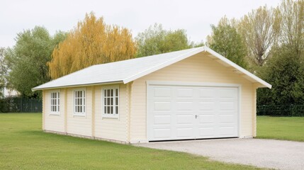 A charming single-story garage with a white exterior, surrounded by lush greenery. Designed for functionality, this structure blends seamlessly into its serene environment.