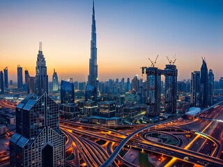 Obraz premium Dubai Skyline at Dusk: A City of Skyscrapers and Traffic