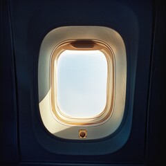 Airplane window looking out at a bright, clear sky.  Sunlight streams through the window