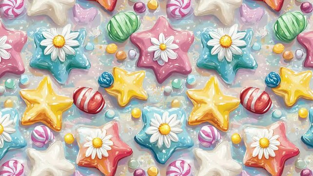 Colorful candy and star pattern with playful daisy flowers.