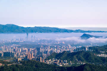 As dawn breaks, white clouds waltz gracefully over Taipei's skyline. Captured from Lion's Head...